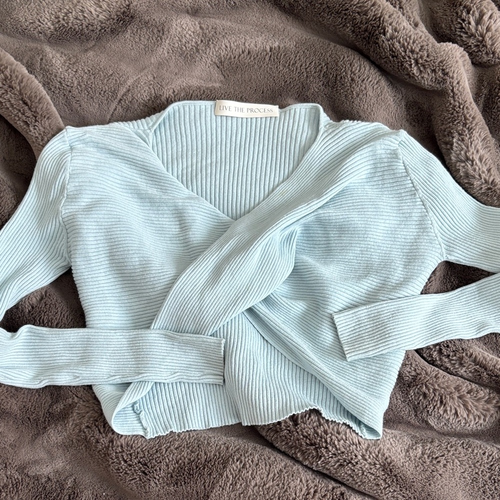 Live The Process Soft Blue Crossover Sweater